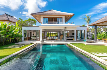 Fototapeta na wymiar A photo of the front view of an elegant and modern Bali-style villa with a big garden, concrete walls, swimming pool