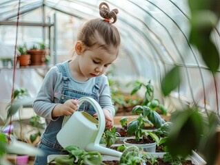 Toddler watering plants in a greenhouse, early years conservation