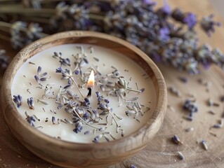 Lavender candle, natural wax candle in a wooden bowl