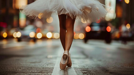 Ballerina dancing on the street, closeup on her legs and ballet shoes