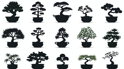 Japanese bonsai tree  plant silhouette icons on white