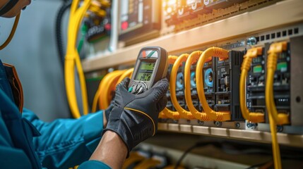 Electricity and electrical maintenance service, Engineer hand holding AC voltmeter checking electric current voltage at circuit breaker terminal and cable wiring main power distribution board - obrazy, fototapety, plakaty