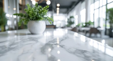 Elegant Blurred Interior with White Marble Tabletop: Busy and Inspiring Workplace Scene