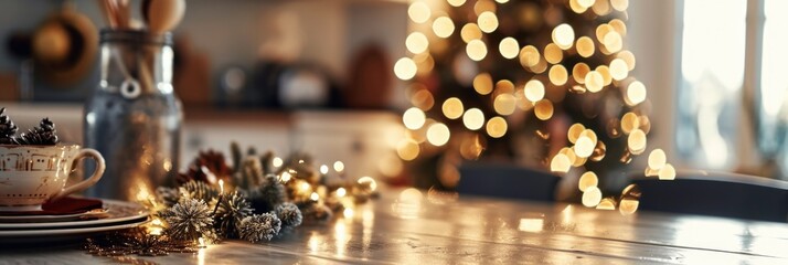 Festive Christmas Table Setting with Blurred Kitchen Background and Golden Bokeh
