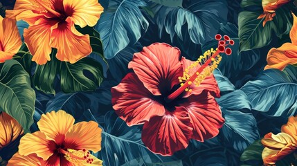Hawaiian Hibiscus - Seamless Fabric Textile with Abstract Floral Pattern - obrazy, fototapety, plakaty