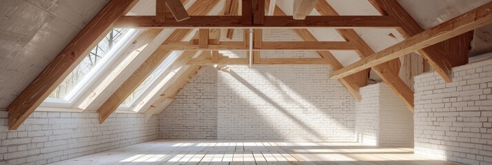 Interior Structure: Craftsmanship of White Brick House with Wooden Attic Joists - obrazy, fototapety, plakaty