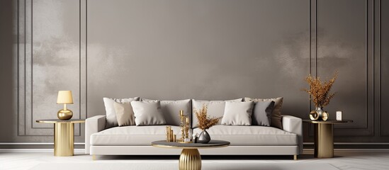 A contemporary living area featuring a stylish white couch adorned with elegant gold details
