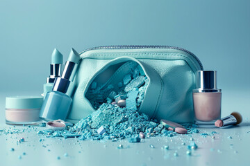 Make up products spilling out of a pastel blue cosmetics bag, isolated on a white background and...
