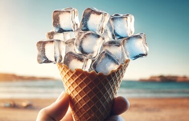 an ice cream cone filled with ice cubes - obrazy, fototapety, plakaty
