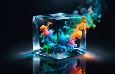 an ice cube with colored smoke inside