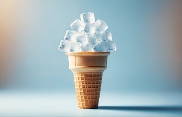 an ice cream cone filled with ice cubes