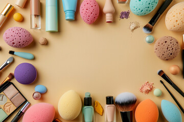 Makeup sponges and different cosmetics on beige background with space for text, top view - obrazy, fototapety, plakaty