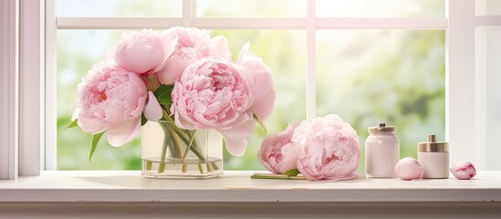 Pink flowers in a beautiful vase are placed on a sunlit window sill