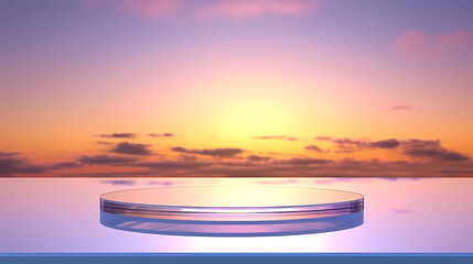 Glass podium on gentle sunset sky background