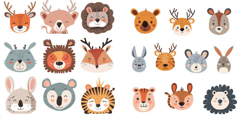 Hand drawn happy animals faces, smiling bear, funny fox and koala cartoon vector illustration set
