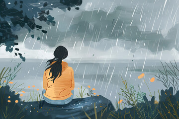 Reflective Solitude in Rain: Woman Contemplating by the Shore