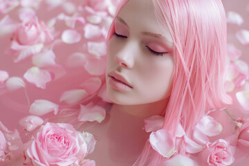 Portrait of a beautiful girl with pink hair lying in water with rose flowers