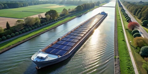 inland waterway ships with solar panels to charge with solar energy, concept art
