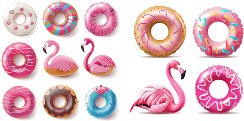 3d inflatable swimming rings designs, doughnut and pink flamingo - obrazy, fototapety, plakaty