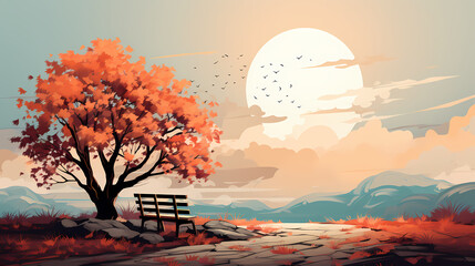 Autumn Serenity: Vibrant Tree and Bench Overlooking Sunset