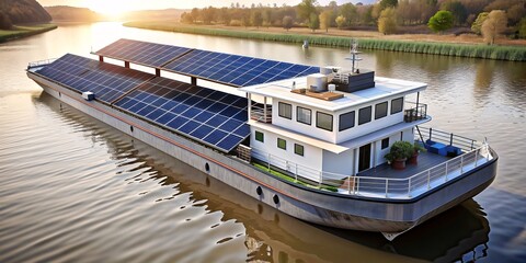 Fototapeta na wymiar inland waterway ships with solar panels to charge with solar energy, concept art 