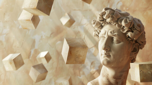 Surreal composition of a classical bust and floating cubes in a dream-like ambiance.