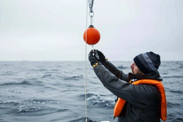 Oceanographer Deploying Weather Buoy at Sea. Generative ai