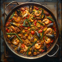 A traditional Spanish paella dish featuring shrimp, mussels, and vegetables