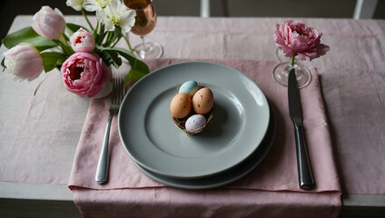 Easter. A plate with colorful eggs in a nest. set table