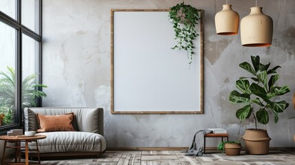 Empty wooden frame mockup on beige background. Wooden wall artistic scandinavian interior. Art concept