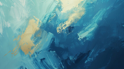 Sweeping blue and gold abstract painting evokes the power and chaos of ocean waves.