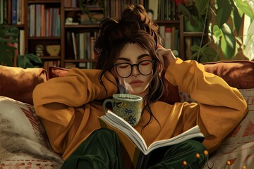 Fototapeta premium Stylish Woman with Glasses Reading and Drinking Coffee