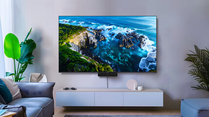 Modern living room showcasing a large television displaying a dynamic ocean scene, highlighting the contrast between indoor comfort and wild nature