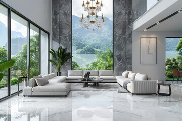 Modern style luxury white living room with garden view 3d render There are gray marble tile wall and floor decorate with glass chandelier overlooking nature view - obrazy, fototapety, plakaty