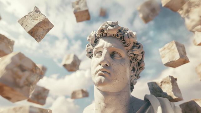 A surreal scene with a classical bust and floating stone cubes in the sky.