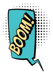 Comic colored hand drawn speech bubble. Retro cartoon sticker. Funny design vector item illustration. Comic text BOOM sound effect in pop art style