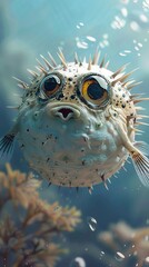 Pufferfish caught in a moment of surprise, fully inflated to ward off a predator - obrazy, fototapety, plakaty