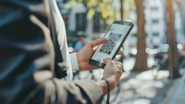Scanning QR code with smartphone in urban setting.