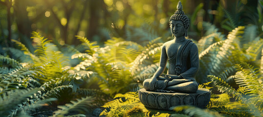 A serene and peaceful background featuring an isolated golden Buddha statue in the center of lush greenery
