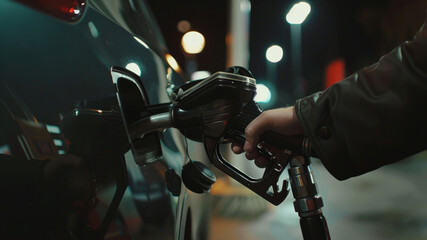 A person refueling a car at night, with bokeh lights in the background. - obrazy, fototapety, plakaty