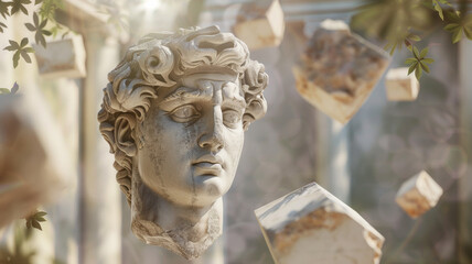 Surreal scene with floating ancient Greek statue head among geometric shapes.