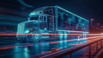 Fototapeta premium Futuristic Technology Concept- Autonomous Semi Truck with Cargo Trailer Drives at Night on the Road with Sensors Scanning Surrounding. Special Effects of Self Driving Truck Digitalizing Freeway