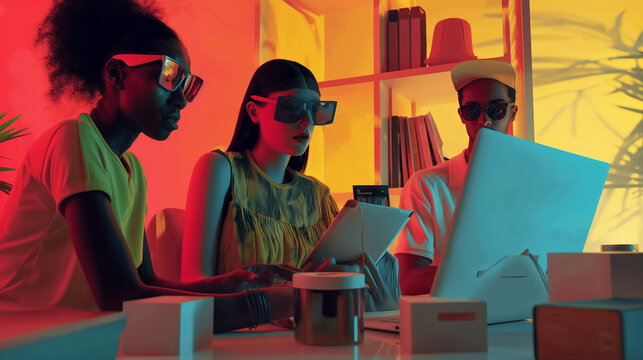 Creative team in sunglasses reviews designs in a vibrant neon-lit room