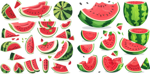 Cartoon fresh green open watermelon half, slices and triangles