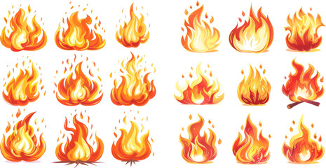 Fireball flame, red hot fire and campfire fiery silhouettes vector set