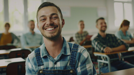 Obraz premium Smiling young man in a classroom surrounded by peers, radiating positivity.