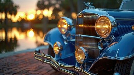 Detailed shot of a classic car's gleaming chrome grille, reflecting the surrounding landscape with pristine clarity. - obrazy, fototapety, plakaty