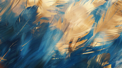 Chaotic beauty of gilded feathers in motion, a dynamic swirl.