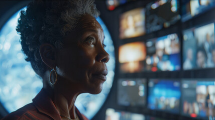 Senior woman with a thoughtful expression in a high-tech control room.