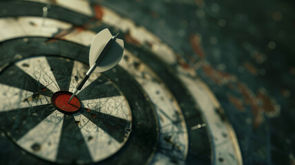White dart perfectly hitting the center of a grungy, weathered dartboard.